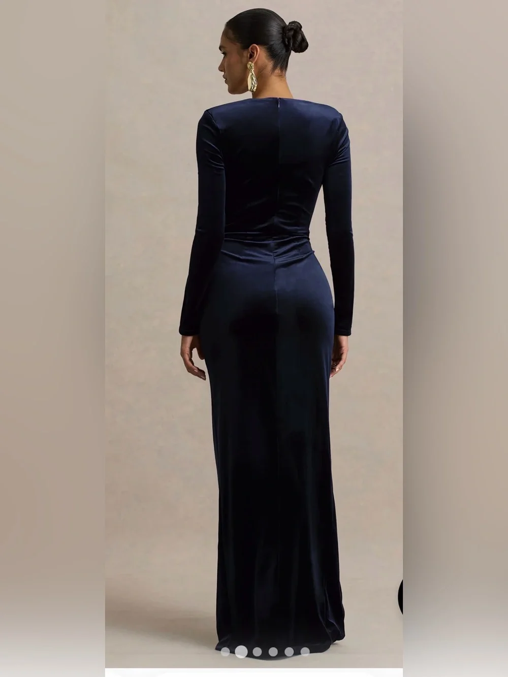 Club L Fay Navy Velvet Corset Style Knot Long-Sleeve Ruched Evening Dress Formal